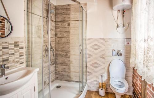een badkamer met een douche, een toilet en een wastafel bij Awesome Home In Swiatki, Wlodowo With Outdoor Swimming Pool in Włodowo