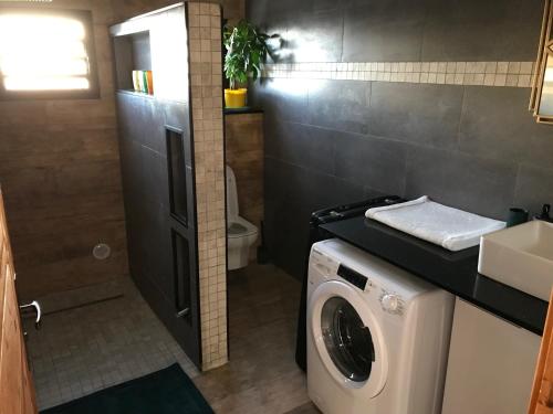 uma casa de banho com uma máquina de lavar roupa e um WC em loft meublé fonctionnel proche de grande anse em Petite Île