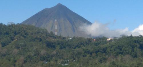 a hillside with a mountain in the background with clouds at Kristian Homestay in Bajawa