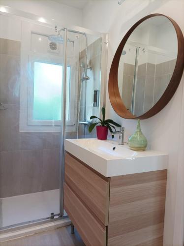 une salle de bain avec un lavabo, un miroir et une douche dans l'établissement 3 min à pieds & 200 m de la Grande Plage des Lecques - Terrasse et Jardin - Fabuleux T2 - Carré d'Or, à Saint-Cyr-sur-Mer
