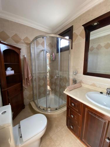 a bathroom with a shower and a toilet and a sink at Casa Ale in Playa Quemada