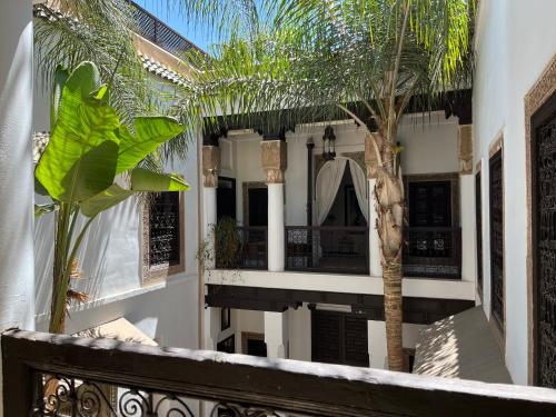 a balcony with a palm tree next to a building at RIAD ENNAFOURA BOUTIQUE HOTEL in Marrakech