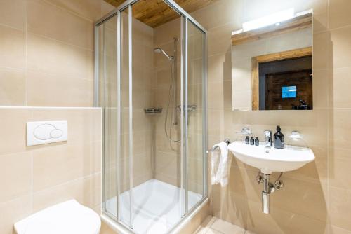 uma casa de banho com um chuveiro, um lavatório e um WC. em Chalet Micheline em Riddes