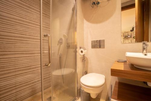 uma casa de banho com um chuveiro, um WC e um lavatório. em Le Vintage Dead Sea avec Piscine & Rooftop em Casablanca