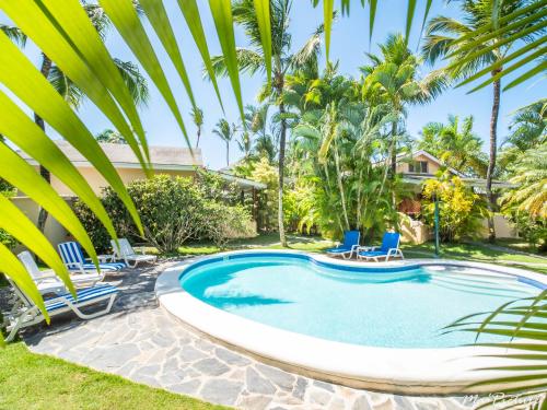 a swimming pool with chairs and palm trees at Résidence Villas Les Hibiscus in Las Terrenas