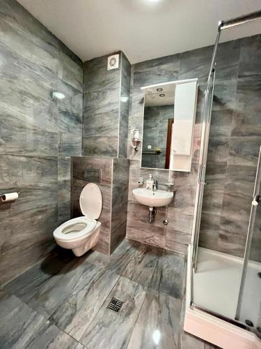 La salle de bains est pourvue de toilettes, d'un lavabo et d'une douche. dans l'établissement Z apartment, à Podgorica