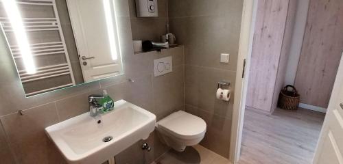 y baño con lavabo, aseo y espejo. en App-Seeblick-Hanseatenhaus, en Westerland