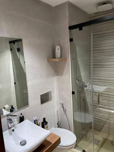 een badkamer met een douche, een toilet en een wastafel bij Picasso - Luxury apartment with swimming pool in Casablanca