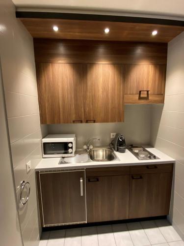 a small kitchen with a sink and a microwave at Studios Astra Hotel Vevey in Vevey