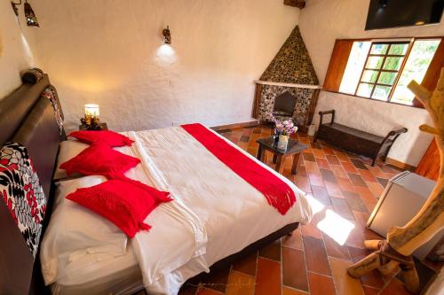 a bedroom with a large bed with red pillows at Hotel Estorake San Agustin Huila in San Agustín