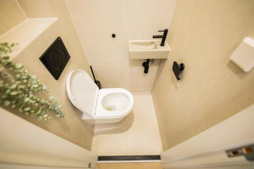 uma pequena casa de banho com WC e lavatório em Admiringly 1 Bedroom Serviced Apartment 56m2 -NB306A- em Roterdã