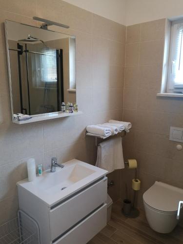 a bathroom with a sink and a toilet and a mirror at Apartment Nada 2 in Malinska