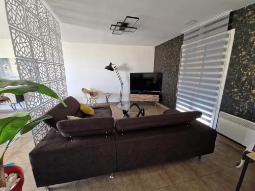 a living room with a brown couch and a tv at Villa avec piscine sans vis-à-vis in Caux-et-Sauzens