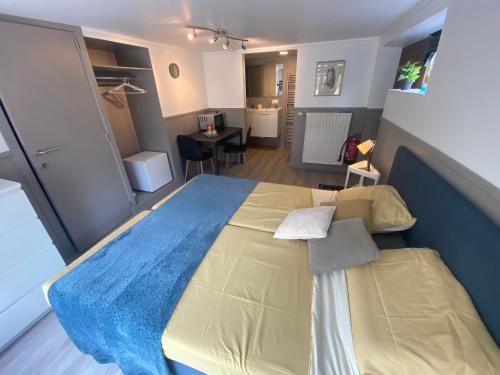 a bedroom with a large bed with a blue blanket at Route 123 Birchwood Pension in Kortessem