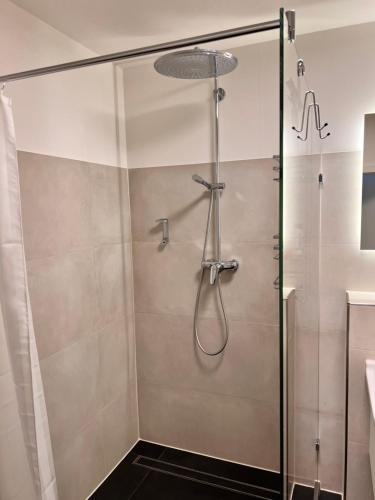 a shower with a glass door in a bathroom at Veens Crew Home 4 Pax in Dreieich