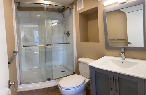 a bathroom with a shower and a toilet and a sink at Candlewood Lake - Cozy private room by the lake in New Milford