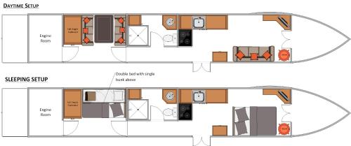 a floor plan of a tiny house at Narrow Escape - 50ft Boat on the Grand Union Canal, near Tring in Tring