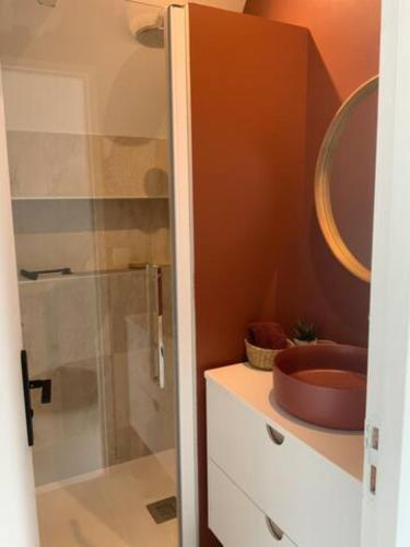 une salle de bain avec une douche, un lavabo et un miroir dans l'établissement adorable appartement à deux pas de la plage, à Dinard