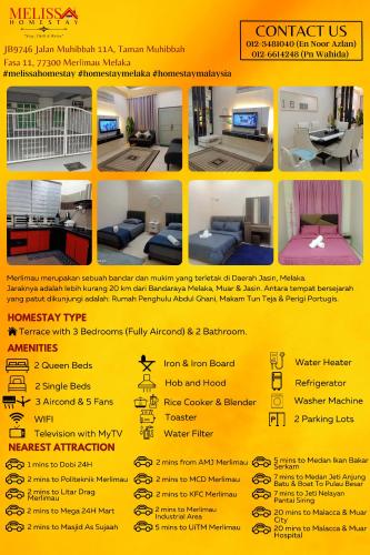 a flyer for a rental house with different types of beds at Melissa Homestay Merlimau in Merlimau