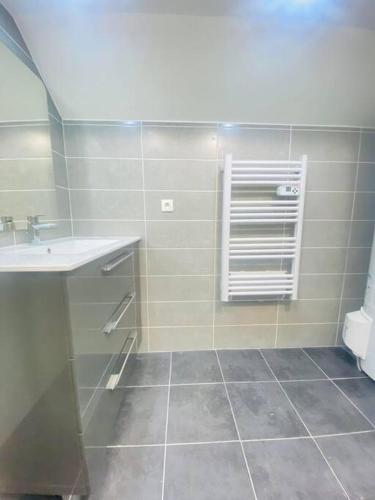 La salle de bains est pourvue d'un lavabo et de toilettes. dans l'établissement Appartement spacieux et élégant, à Laon