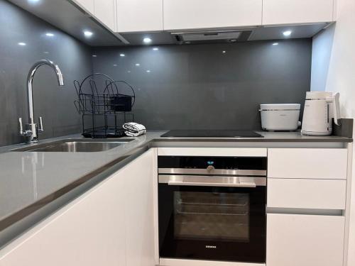 uma cozinha com um lavatório e um fogão em Chapel - Central Studio Apartment em Bath