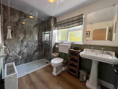 a bathroom with a toilet and a sink and a shower at Rosemount Cottage TWO - Highland Cottage in Garve