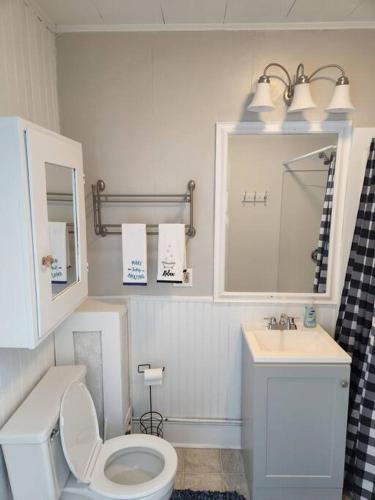 a bathroom with a toilet and a sink and a mirror at Lovely two bedroom apartment with free parking in Manchester
