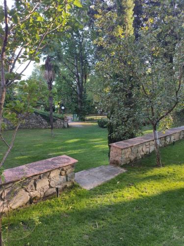 un parc avec deux bancs en pierre dans l'herbe dans l'établissement Villa La Nussa, à Capolona