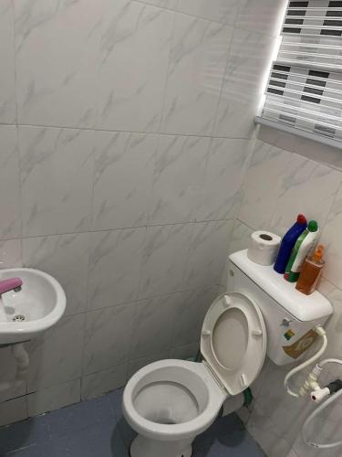 a bathroom with a white toilet and a sink at GS HOMES in Lagos