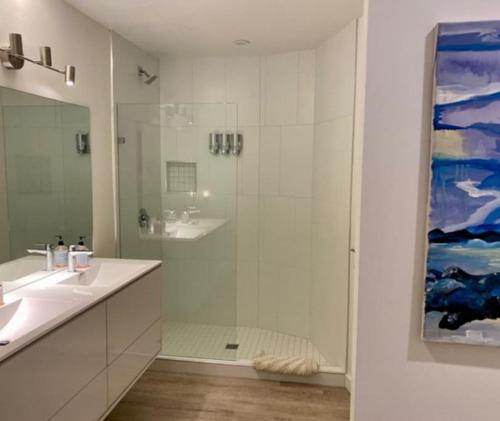 baño blanco con ducha y lavamanos en J and Js, en Isla de Bowen