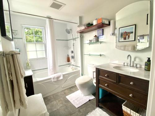 a bathroom with a sink and a toilet and a tub at The Loft in Salem