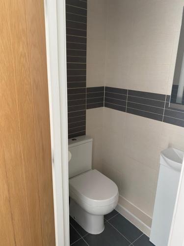 a bathroom with a white toilet and black tiles at Wilkinson farm in Blackrod