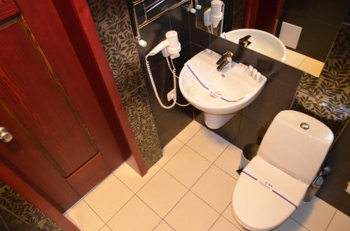 a small bathroom with a toilet and a sink at Hotel Veles in Zolotonosha