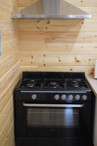 einen Herd in einer Küche mit einer Holzwand in der Unterkunft cottage scandinave 92 in Bourbourg