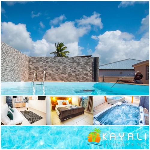 a collage of two pictures of a swimming pool at Evasion en plein cœur de la ville T3 Jacuzzis Sauna et piscine au centre de Port-Louis in Port-Louis