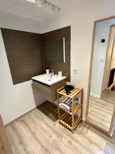 une salle de bain avec un lavabo et un miroir dans l'établissement Maison de ville - centre ville, à Lannion