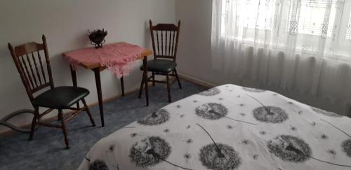 a bedroom with a table and two chairs and a bed at Chalupa Venda in Kraslice