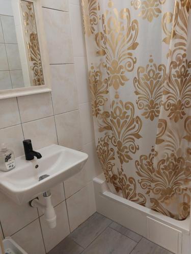 łazienka z umywalką i zasłoną prysznicową w obiekcie Pinto Guest Rooms w Warszawie
