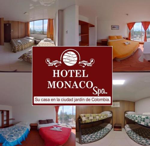 a sign for a hotel morocco in a room with beds at Hotel Mónaco de Fusa in Fusagasuga