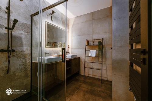 a bathroom with a glass shower and a sink at Bükk Penthouse, panoráma jacuzzival in Miskolc