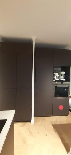 - une cuisine avec des armoires noires et une cuisinière dans l'établissement Allées historiques du Parc de la Colombière, appt haut de gamme, à Dijon