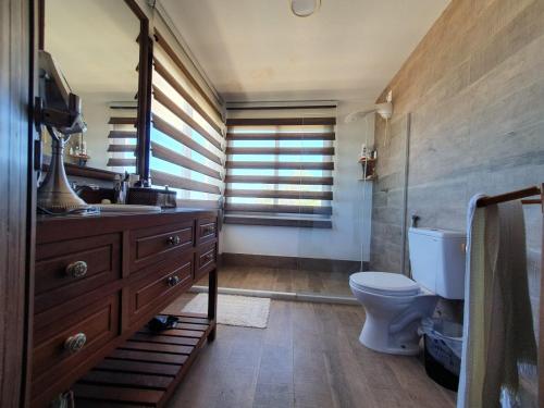 a bathroom with a toilet and a sink and a mirror at Pé na areia Beach House in Camaçari