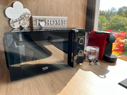 a black microwave oven sitting on top of a counter at Transalpina Tiny House - outdoor jacuzzi in Baia de Fier