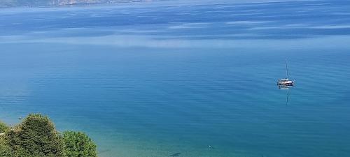 a boat in the middle of a large body of water at Villa Eros Apartments 2 in Struga