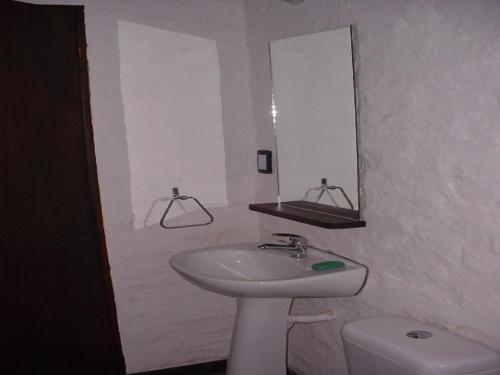 a bathroom with a sink and a mirror and a toilet at Casas Miraverde in Piriápolis