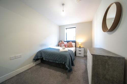 een slaapkamer met een bed en een spiegel aan de muur bij BOTANIC APARTMENT SLEEPS 6 in Belfast