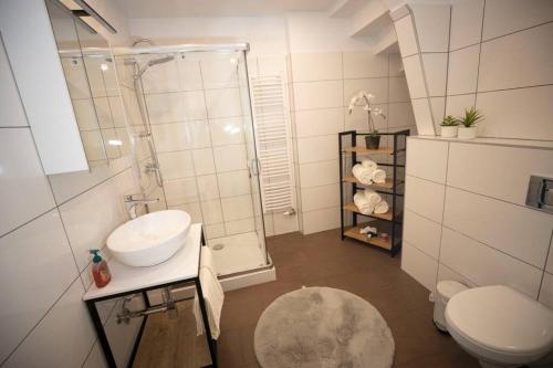 bagno con lavandino, doccia e servizi igienici di Sunny & large Penthouse with View above Vienna DG6 a Vienna