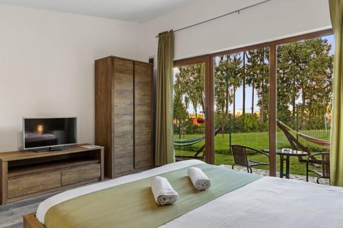 a bedroom with a bed and a tv and a sliding glass door at Silver Bungalow in Săcele