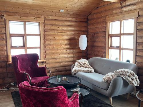 salon z kanapą, 2 krzesłami i stołem w obiekcie Cosy cabin with amazing view on the Geysir w mieście Blaskogabyggo