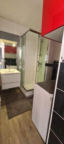 une salle de bain avec une baignoire, un lavabo et un miroir dans l'établissement STUDIO plage Palavas, à Palavas-les-Flots